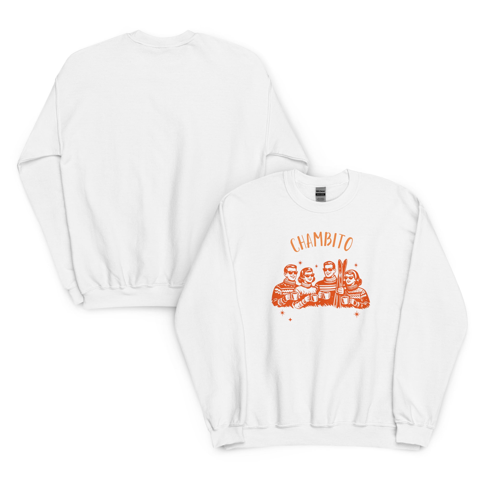 A white crewneck sweatshirt shown from both front and back. The front features an orange graphic of four stylized figures with the word 'CHAMBITO' printed above them.