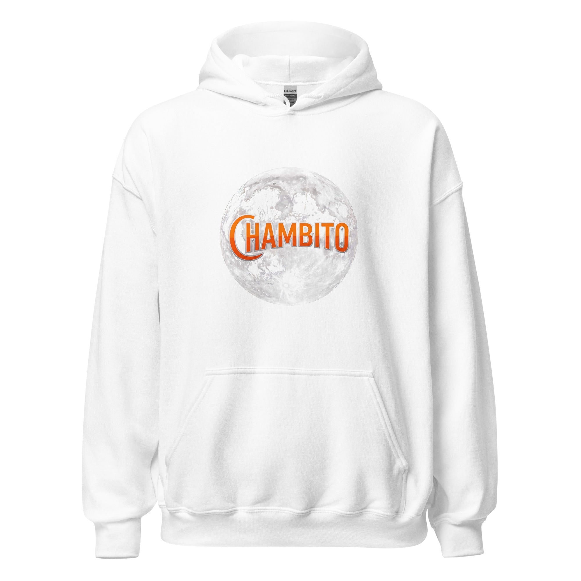 White hoodie with full moon and CHAMBITO logo 
