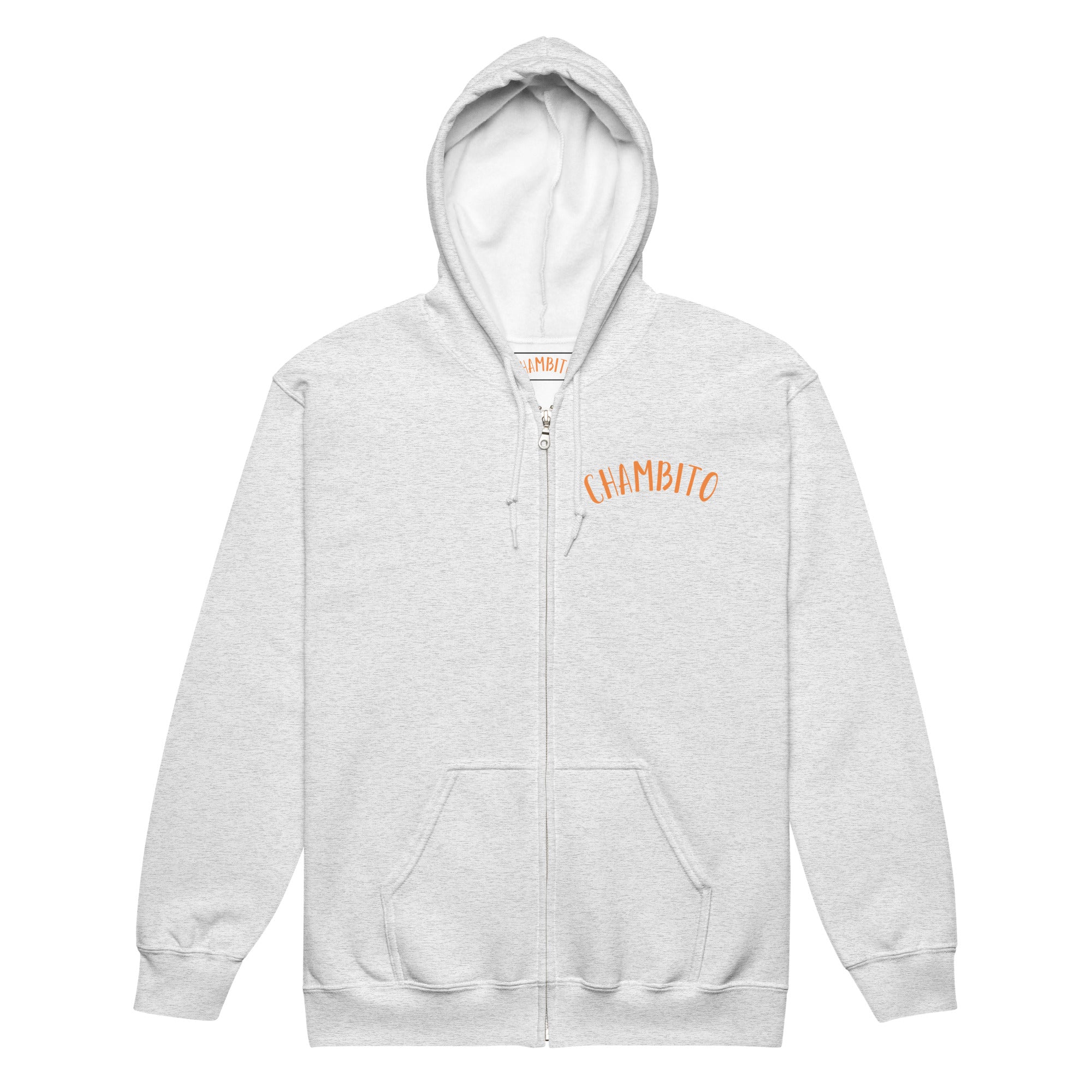 A light heather gray zip-up hoodie with a front pocket and orange arched text reading 'CHAMBITO' on the left chest, shown on a plain white background.