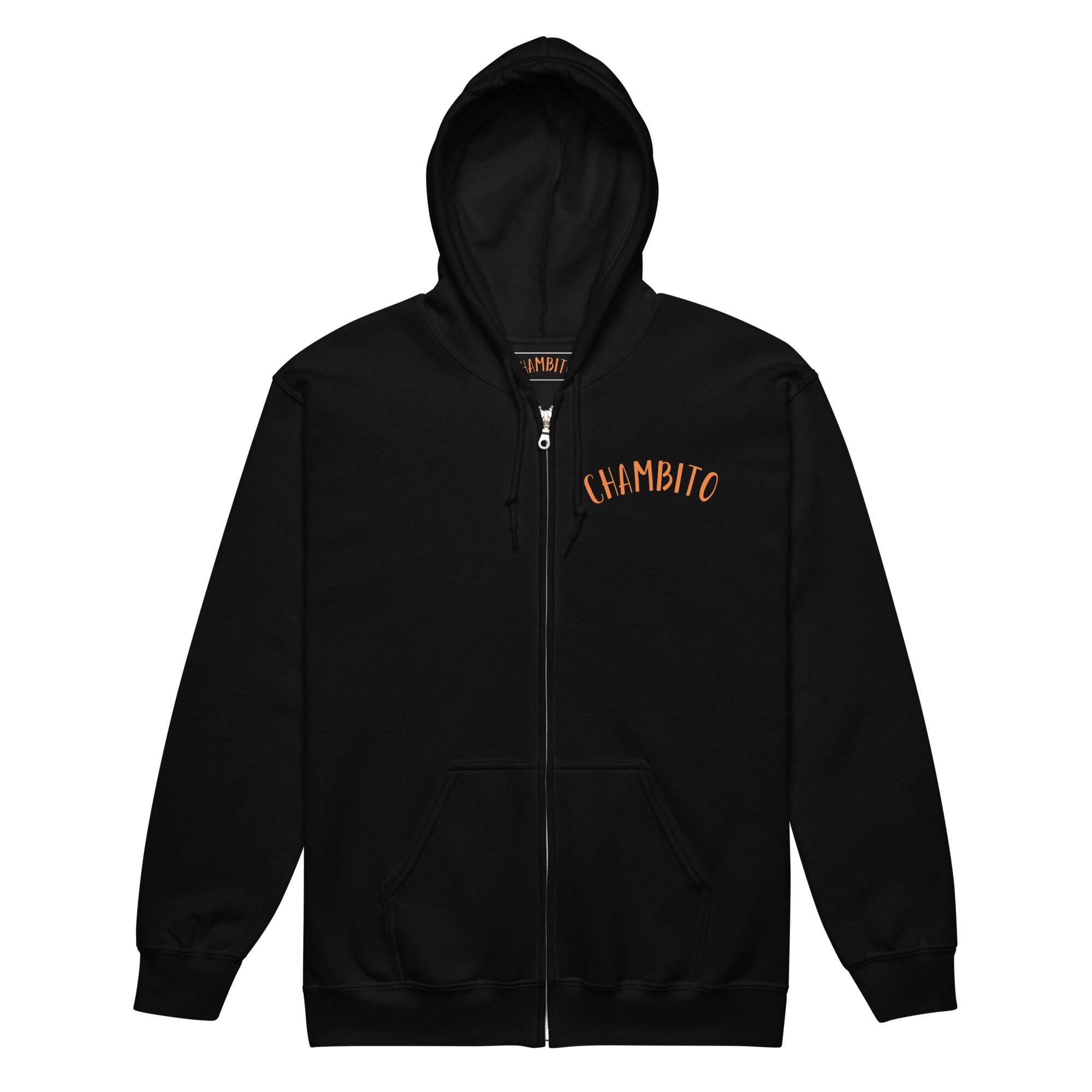 A black zip-up hoodie with 'CHAMBITO' printed in orange arched text on the left chest, displayed against a solid white background.