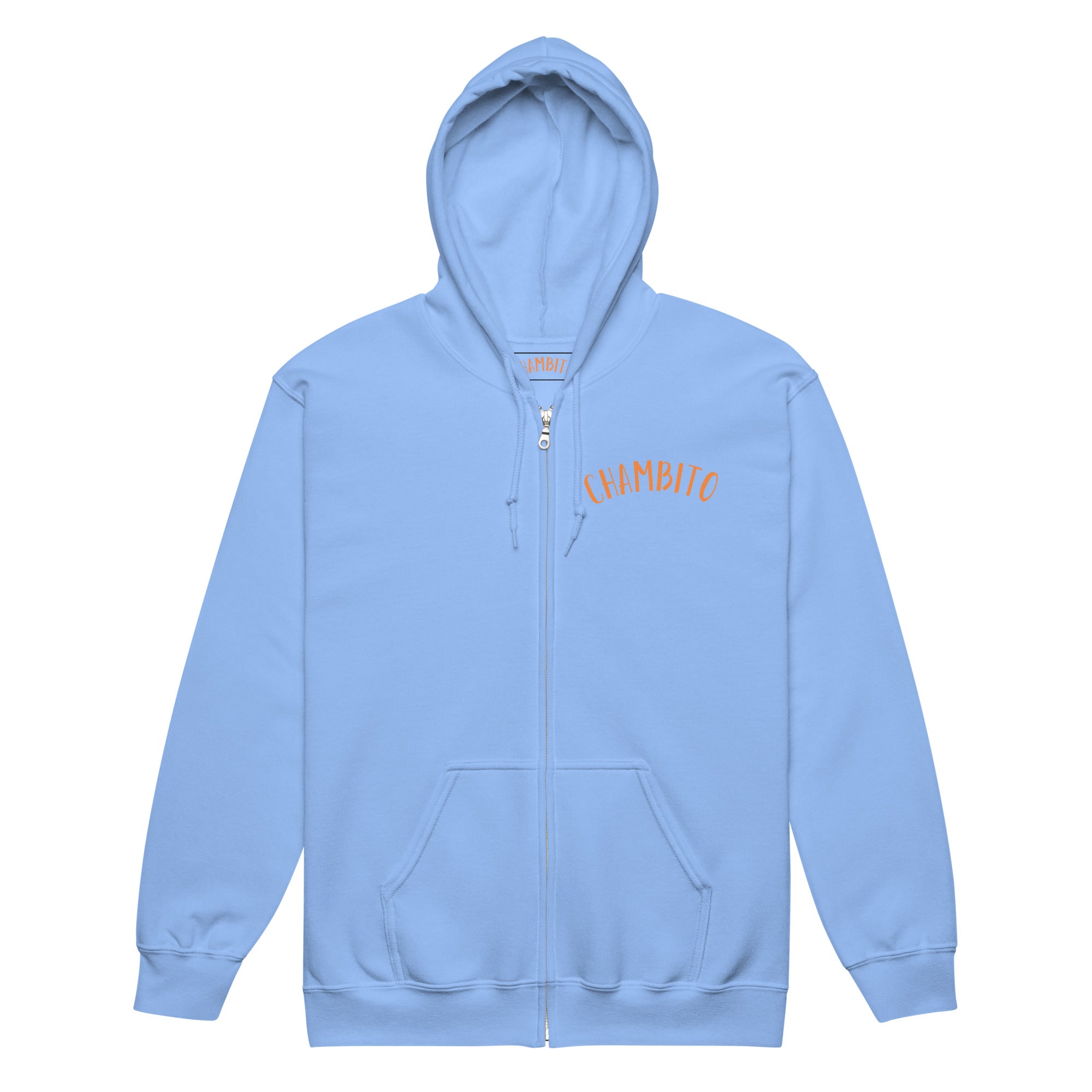 A light blue zip-up hoodie with 'CHAMBITO' printed in orange arched text on the left chest, displayed against a solid white background.