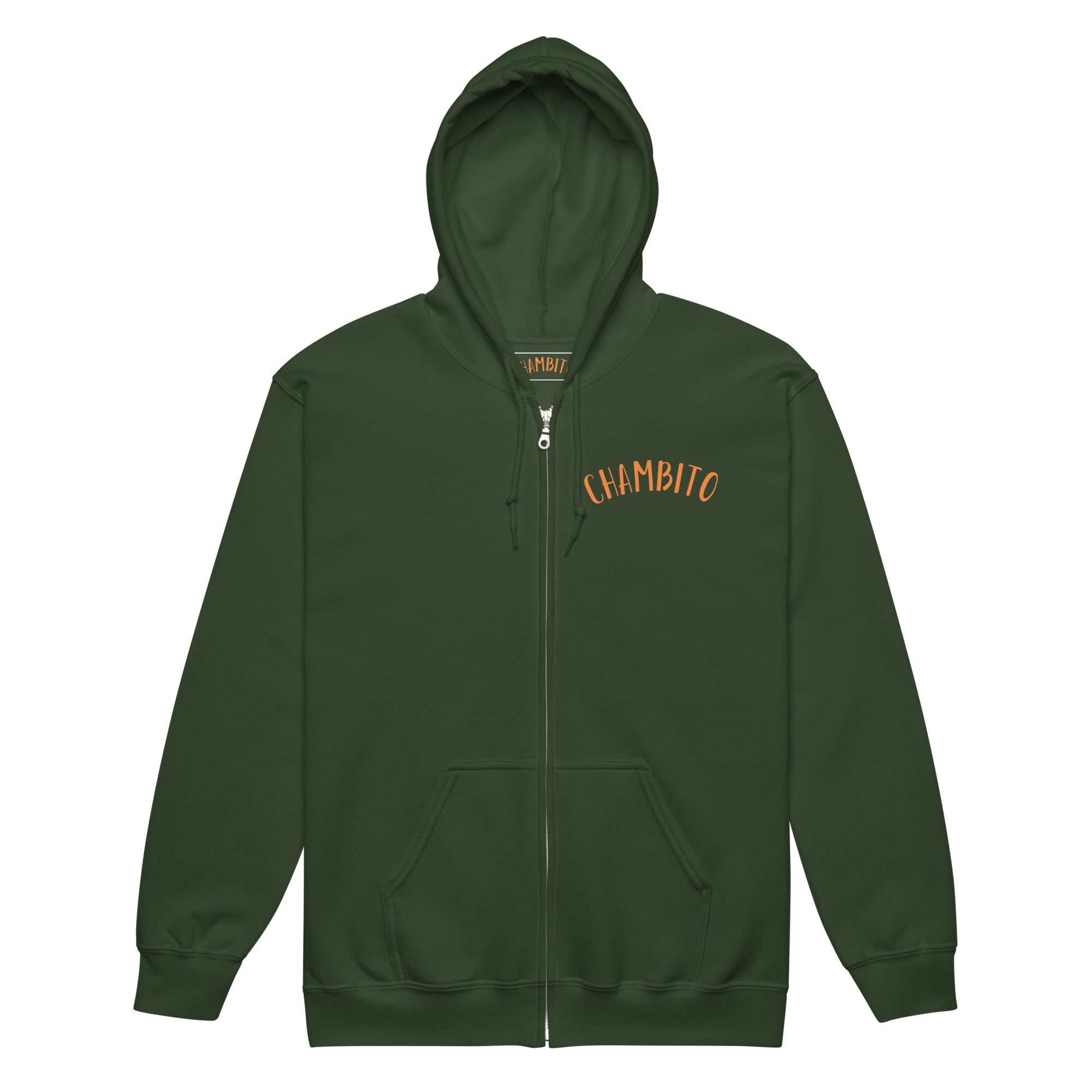 An olive green full-zip hoodie with 'CHAMBITO' printed in orange arched text on the left chest, displayed against a solid white background.