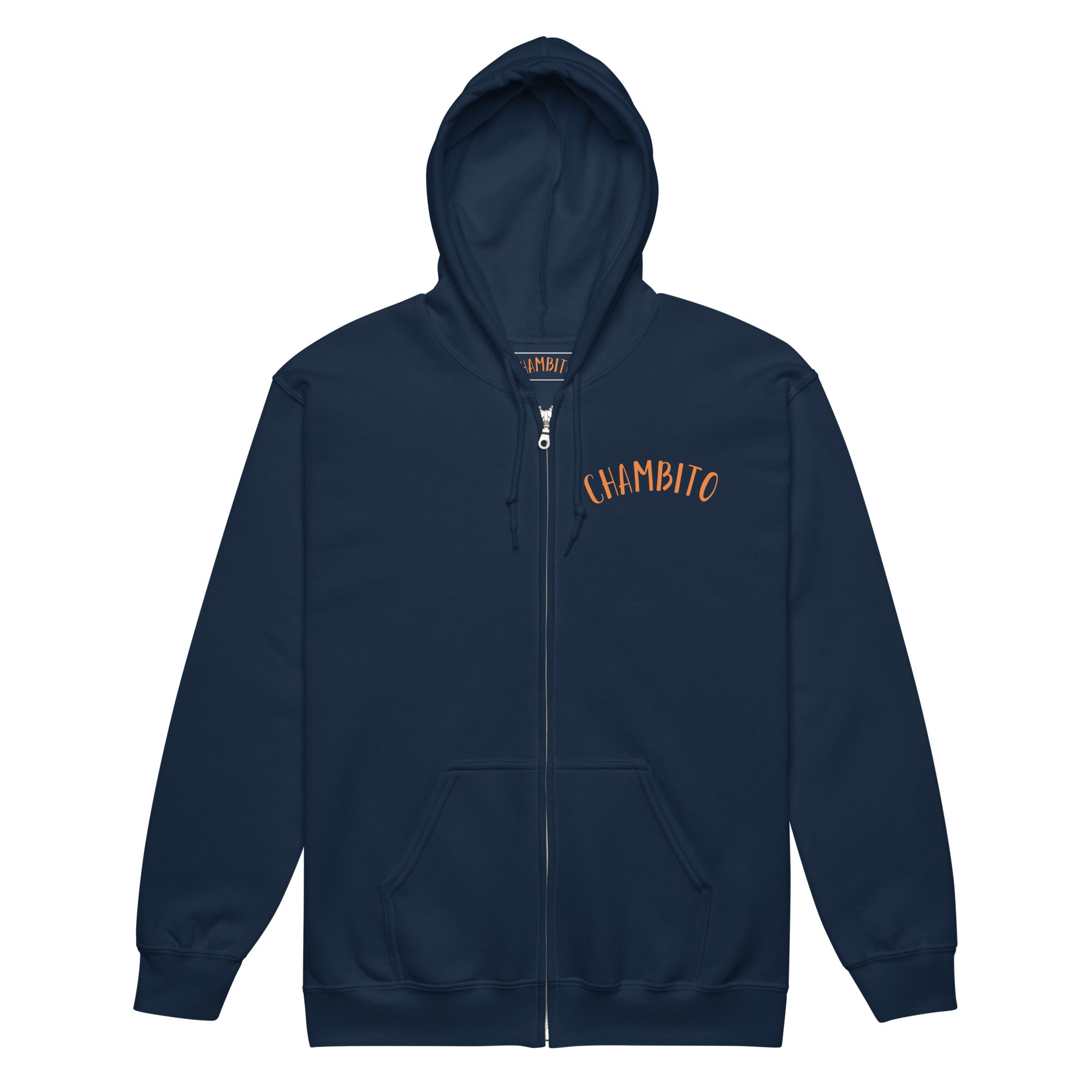 A navy blue zip-up hoodie with 'CHAMBITO' printed in orange arched text on the left chest, displayed against a solid white background.