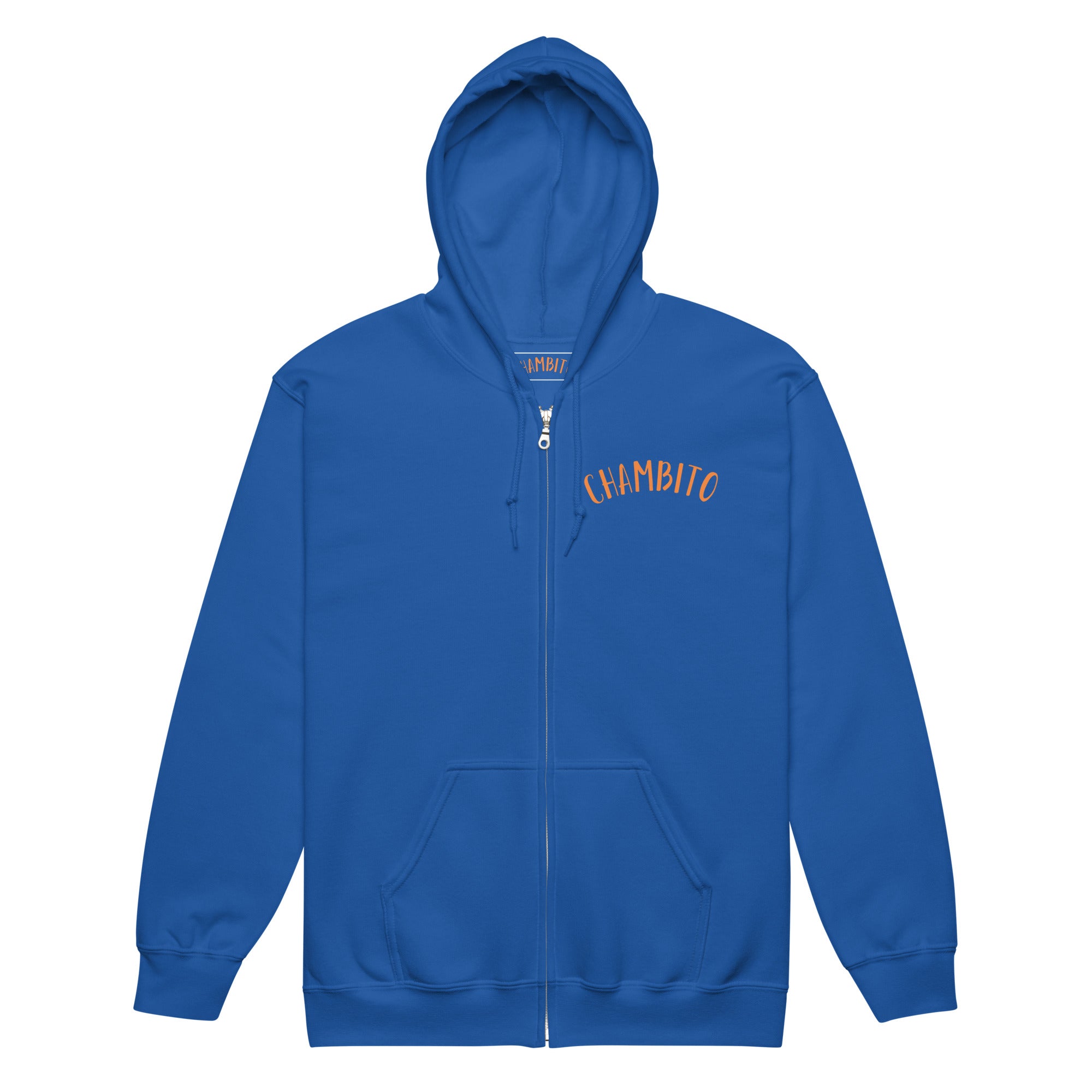 A royal blue zip-up hoodie with 'CHAMBITO' printed in orange arched text on the left chest, displayed on a clean white background.