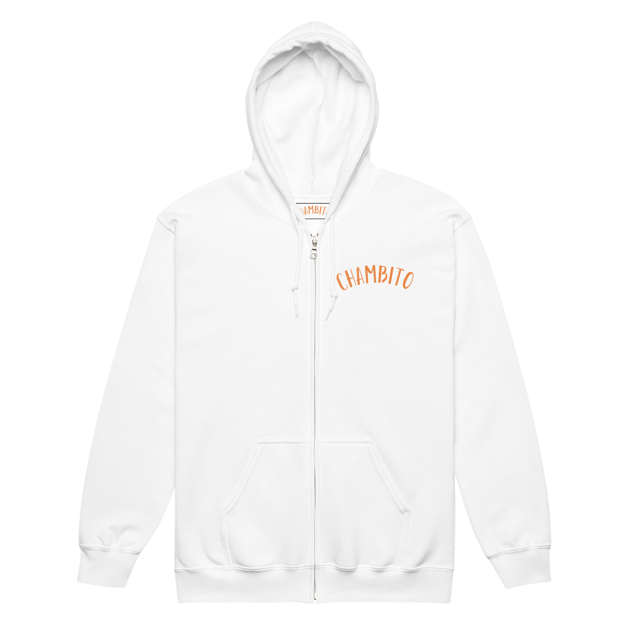 A white zip-up hoodie with a front kangaroo pocket and a small orange arched 'CHAMBITO' logo on the left chest, shown against a plain white background.