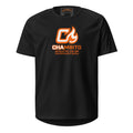 Black t-shirt with orange and white logo and text on a white background