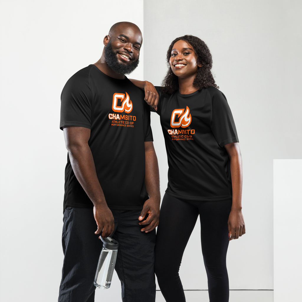 Two people wearing black t-shirts with a logo on a white background