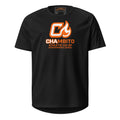 Black t-shirt with orange and white logo on a white background
