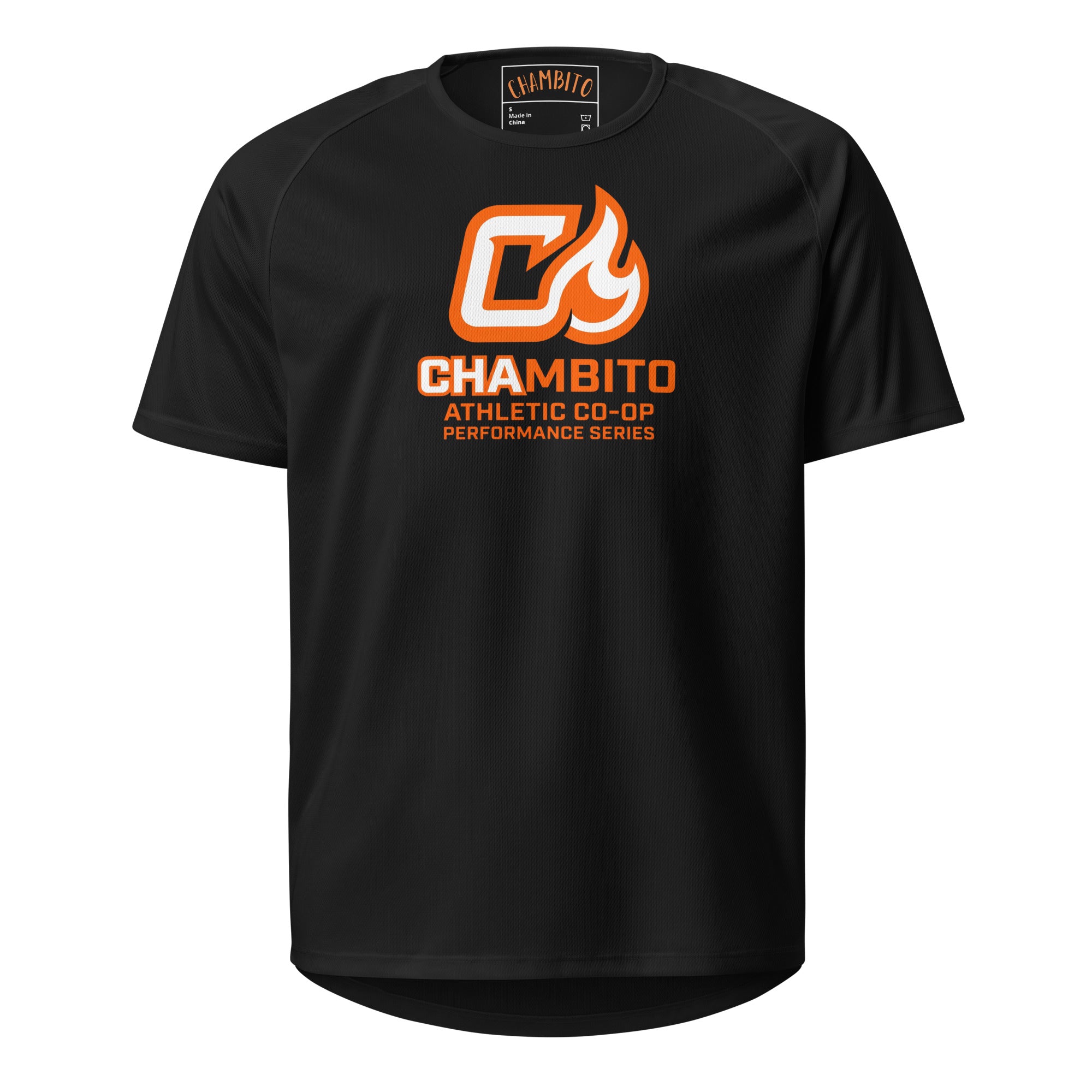 Black t-shirt with orange and white logo on a white background