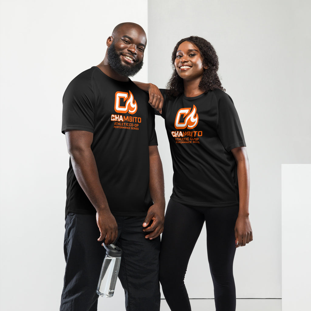 Two people wearing black t-shirts with a logo on a white background
