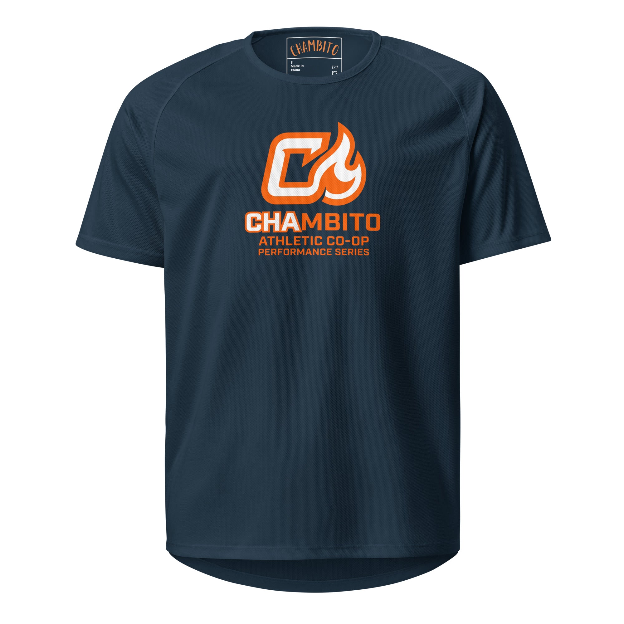 Navy blue t-shirt with orange and white logo on a white background