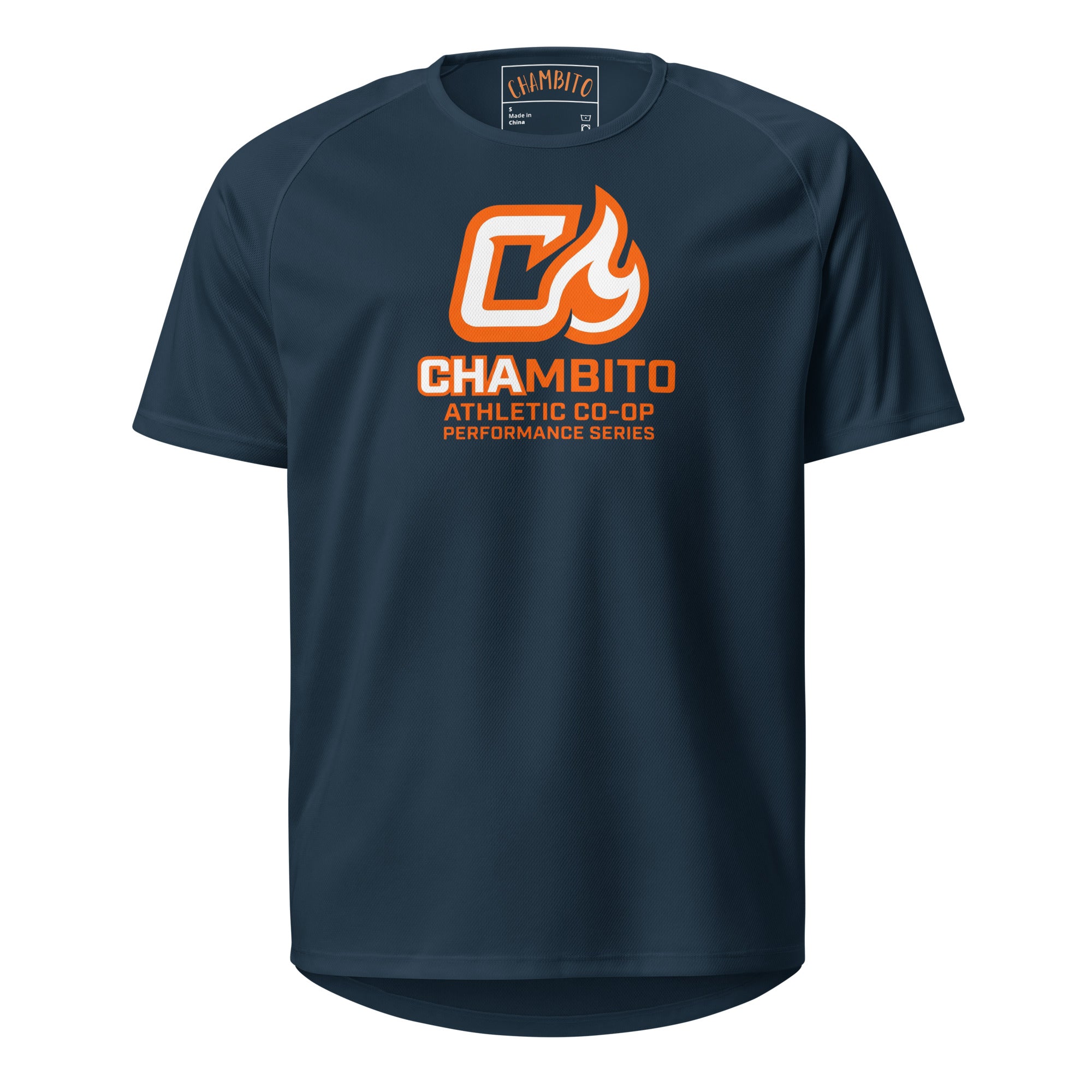 Navy blue t-shirt with orange and white logo on a white background