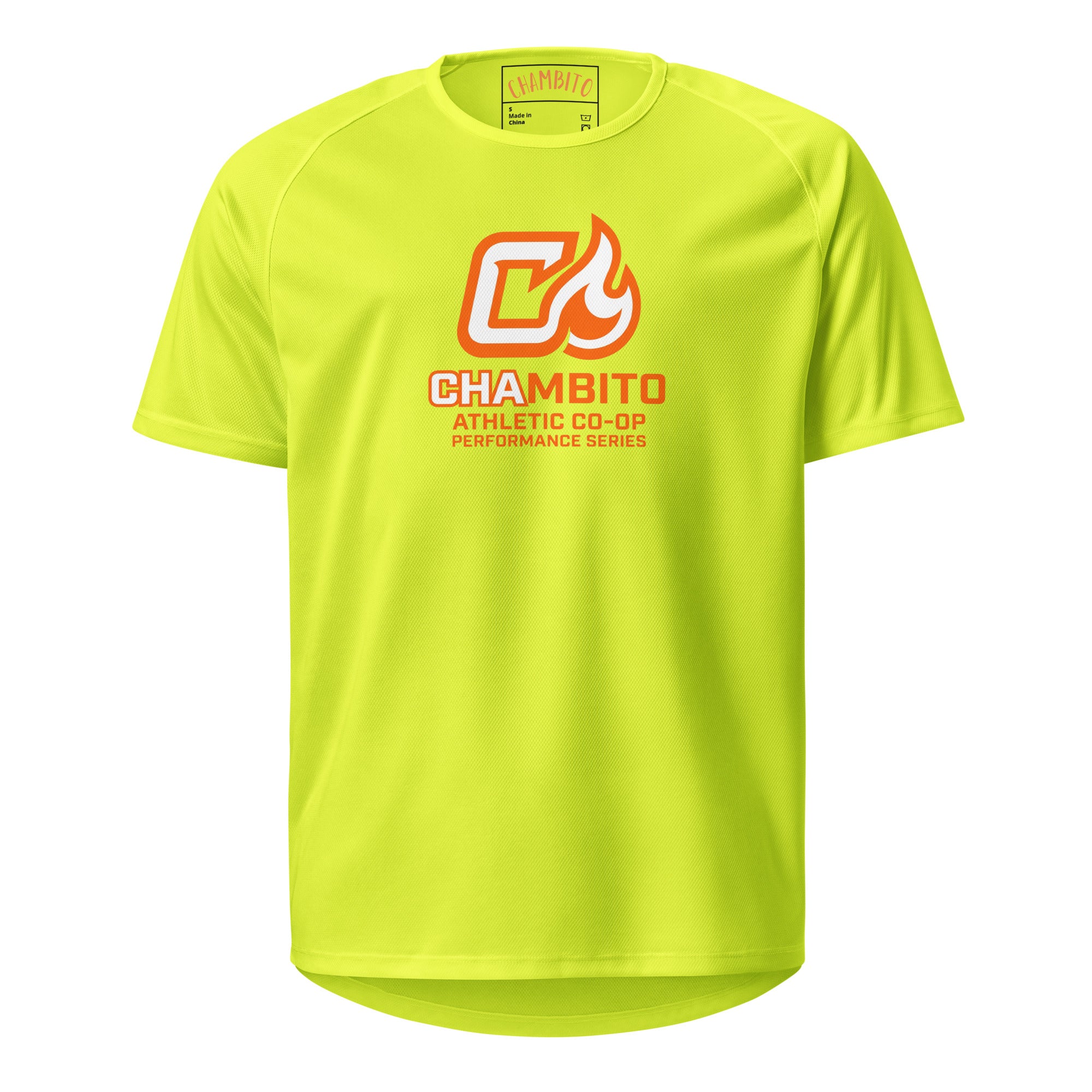 Yellow t-shirt with Chambito logo on a white background