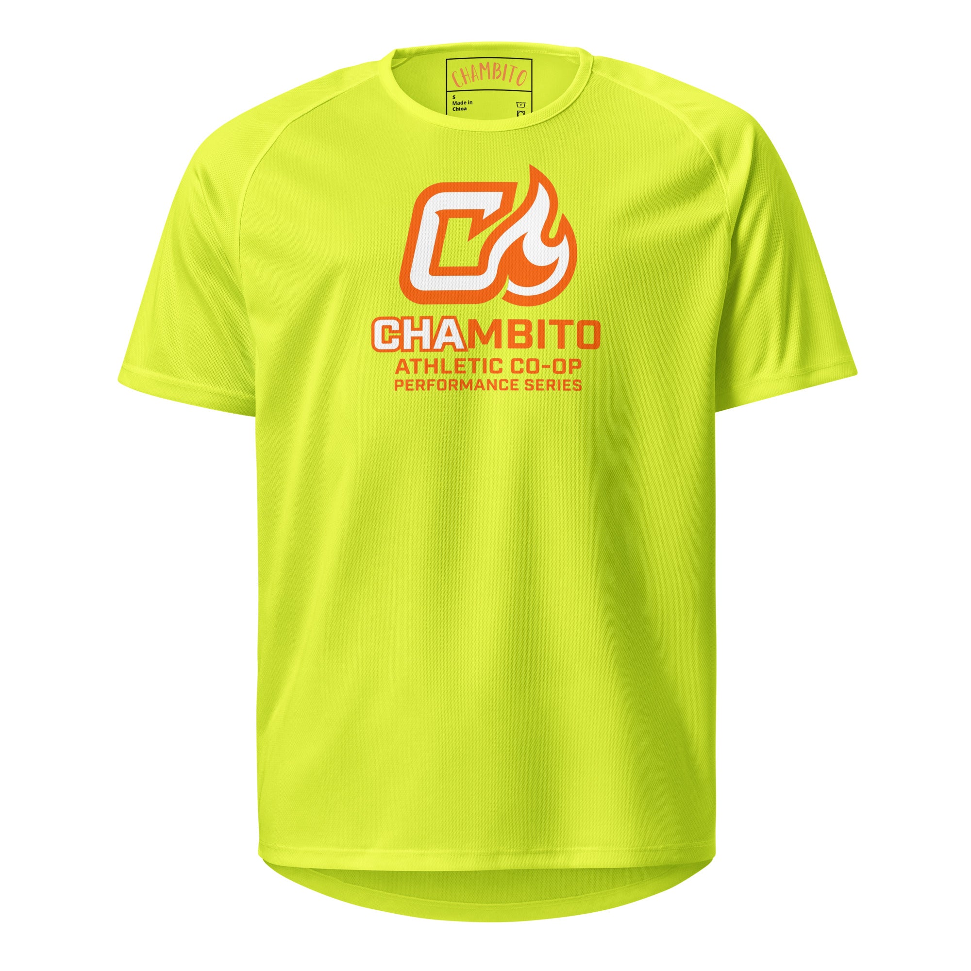 Yellow t-shirt with 'Chambito' logo on a white background