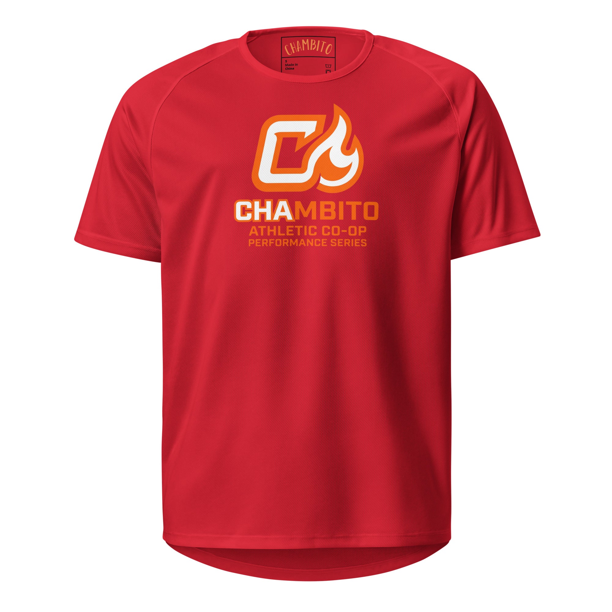 Red t-shirt with 'Chambito' logo on a white background
