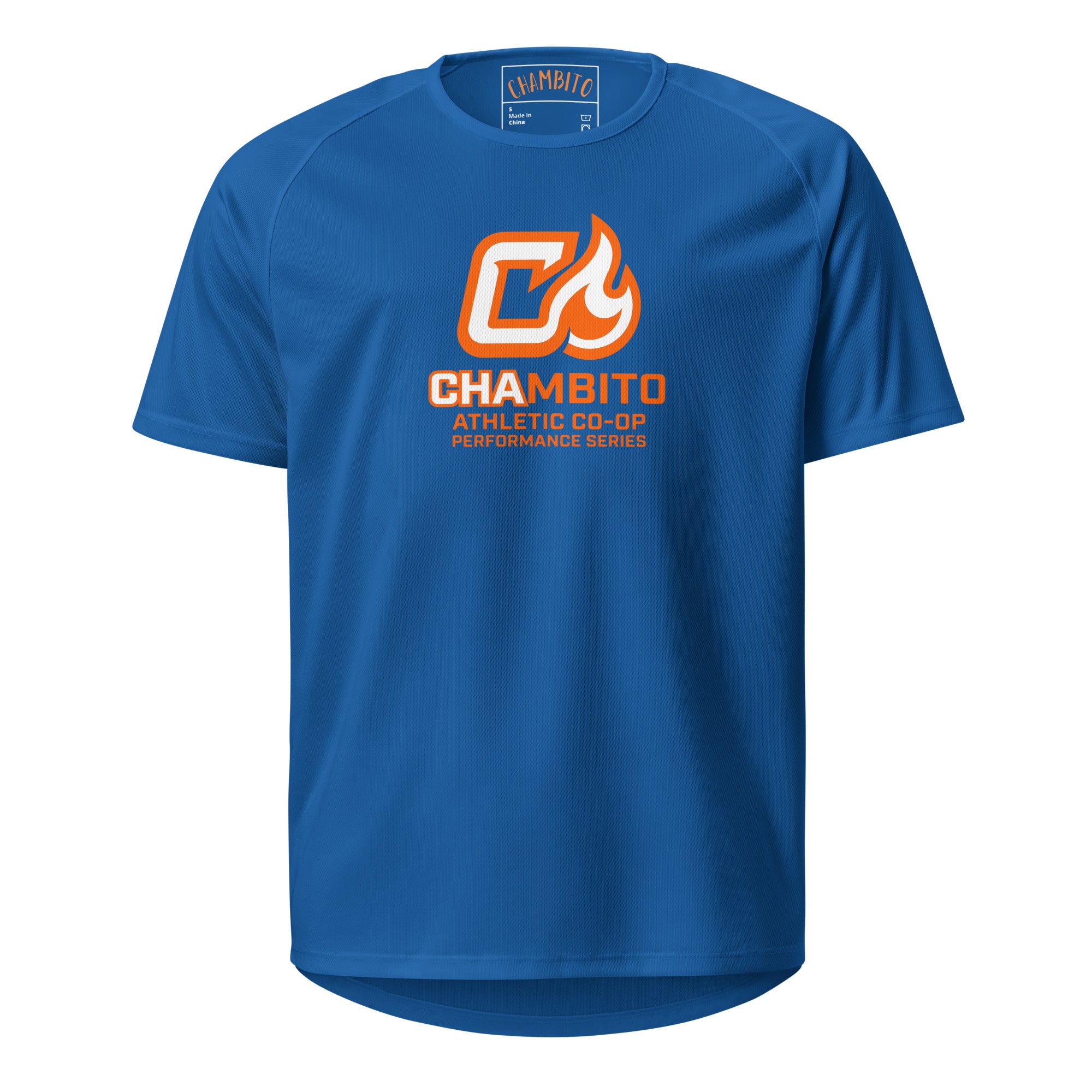 Blue t-shirt with orange and white logo on a white background