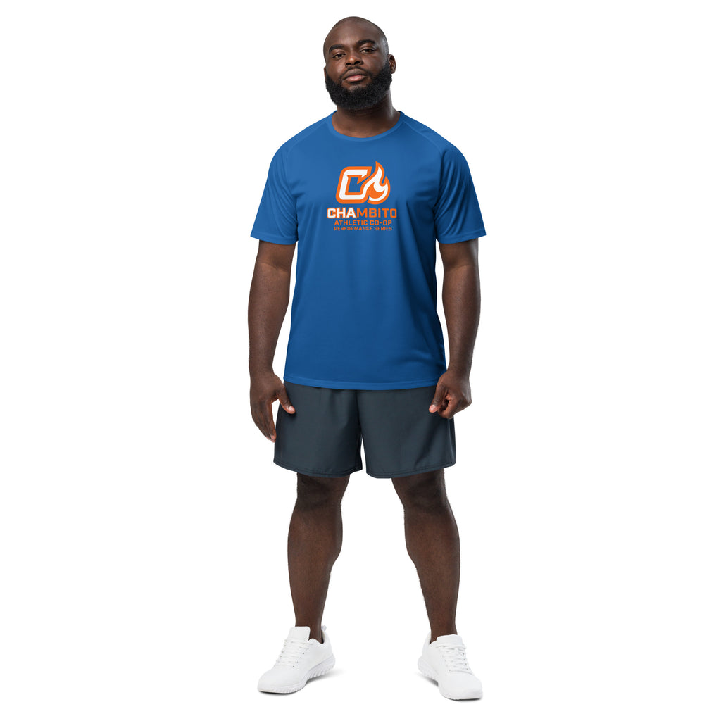 Man wearing a blue t-shirt with a logo and dark shorts on a white background