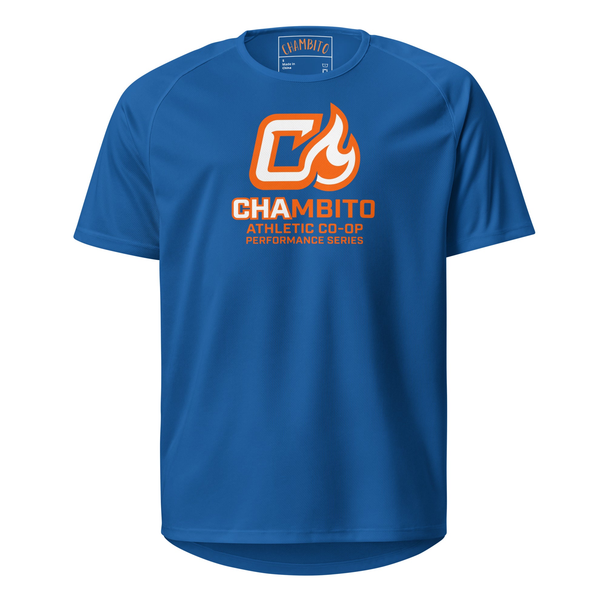 Blue t-shirt with orange and white logo on a white background