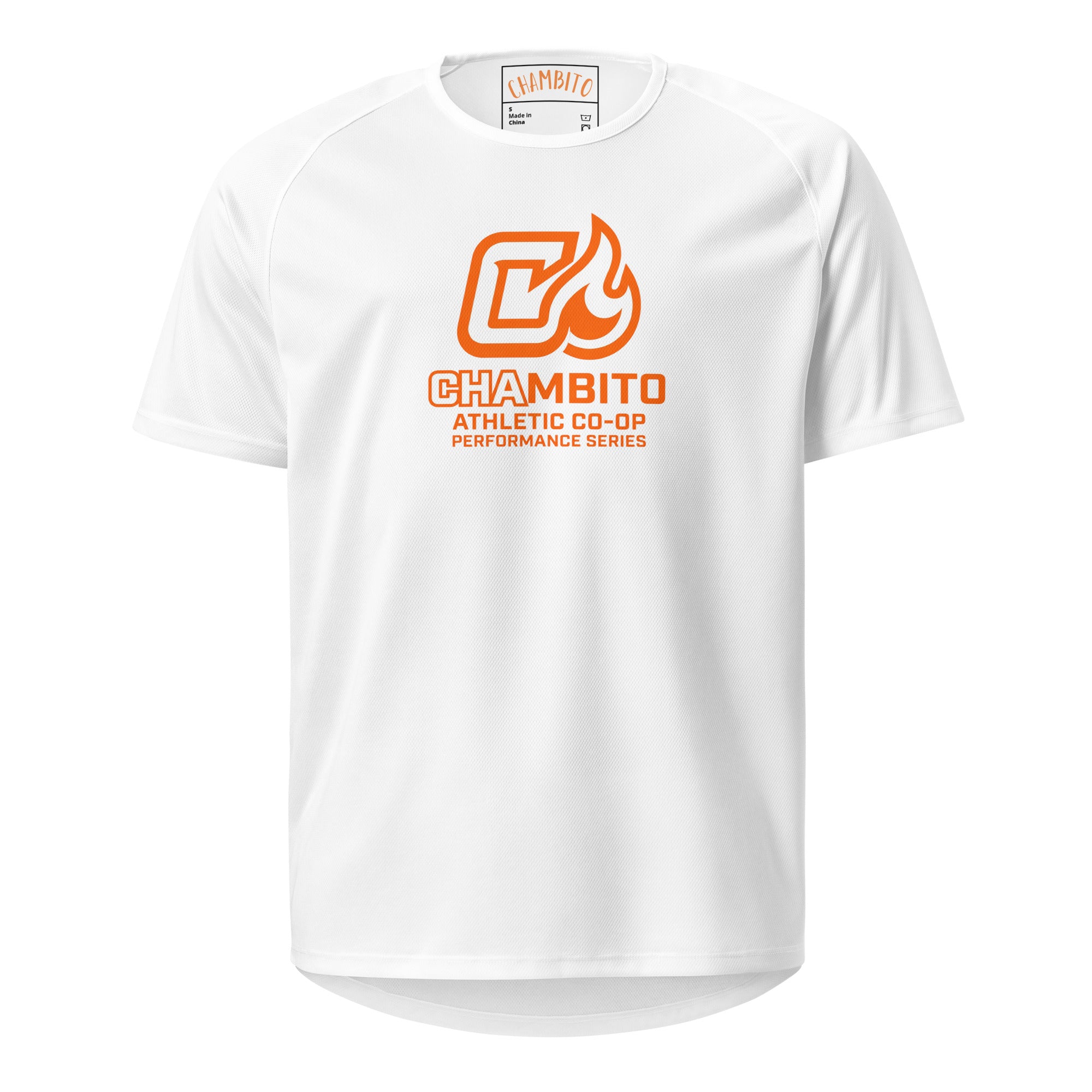 White t-shirt with orange and black logo on a white background