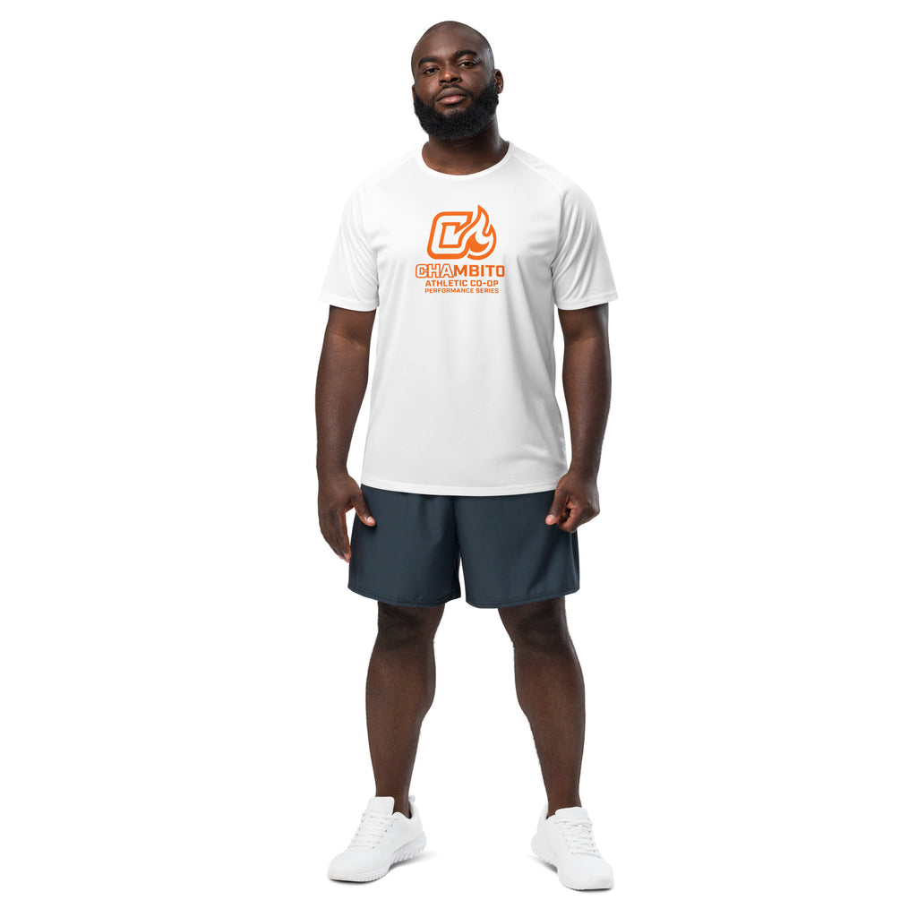 Man wearing a white t-shirt with a logo and dark shorts on a white background