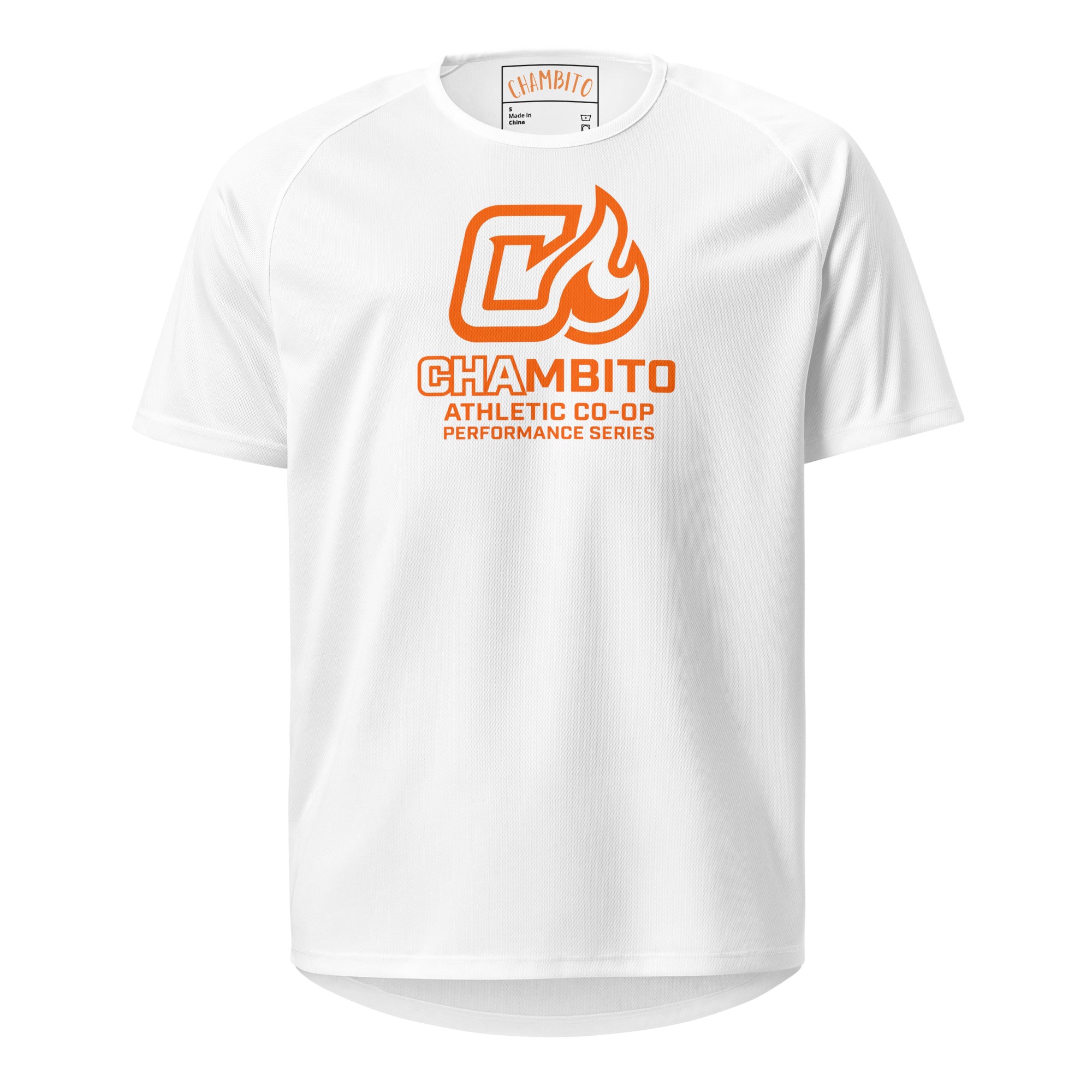 White t-shirt with orange logo and text on a white background