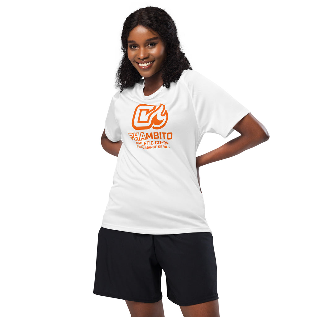 Woman wearing a white t-shirt with an orange logo and text on a white background