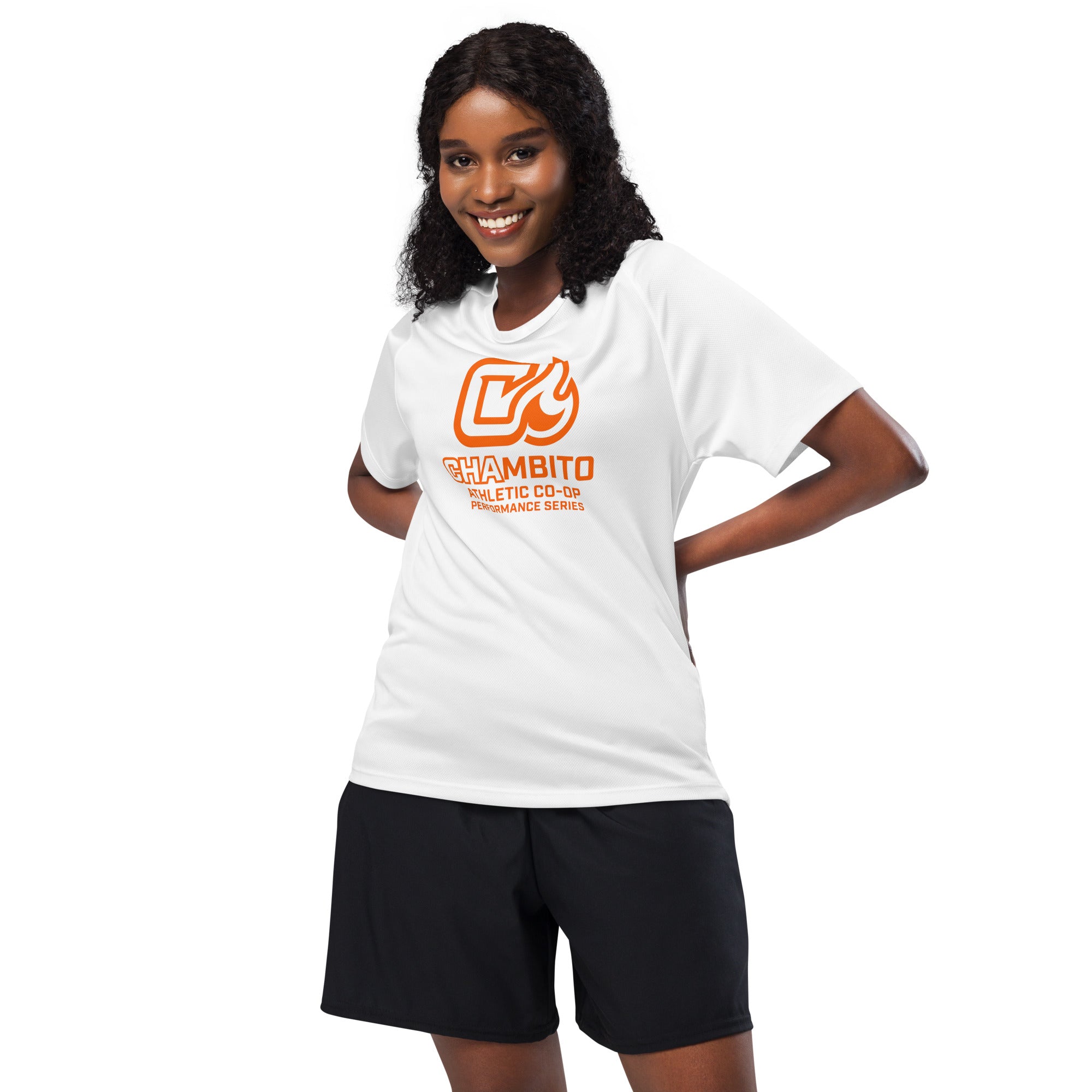 Woman wearing a white t-shirt with an orange logo and text on a white background